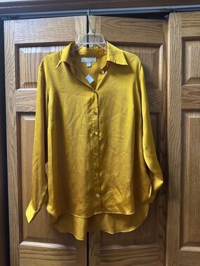 Womens Mustard Button-Down Blouse - Lightweight Collared Top